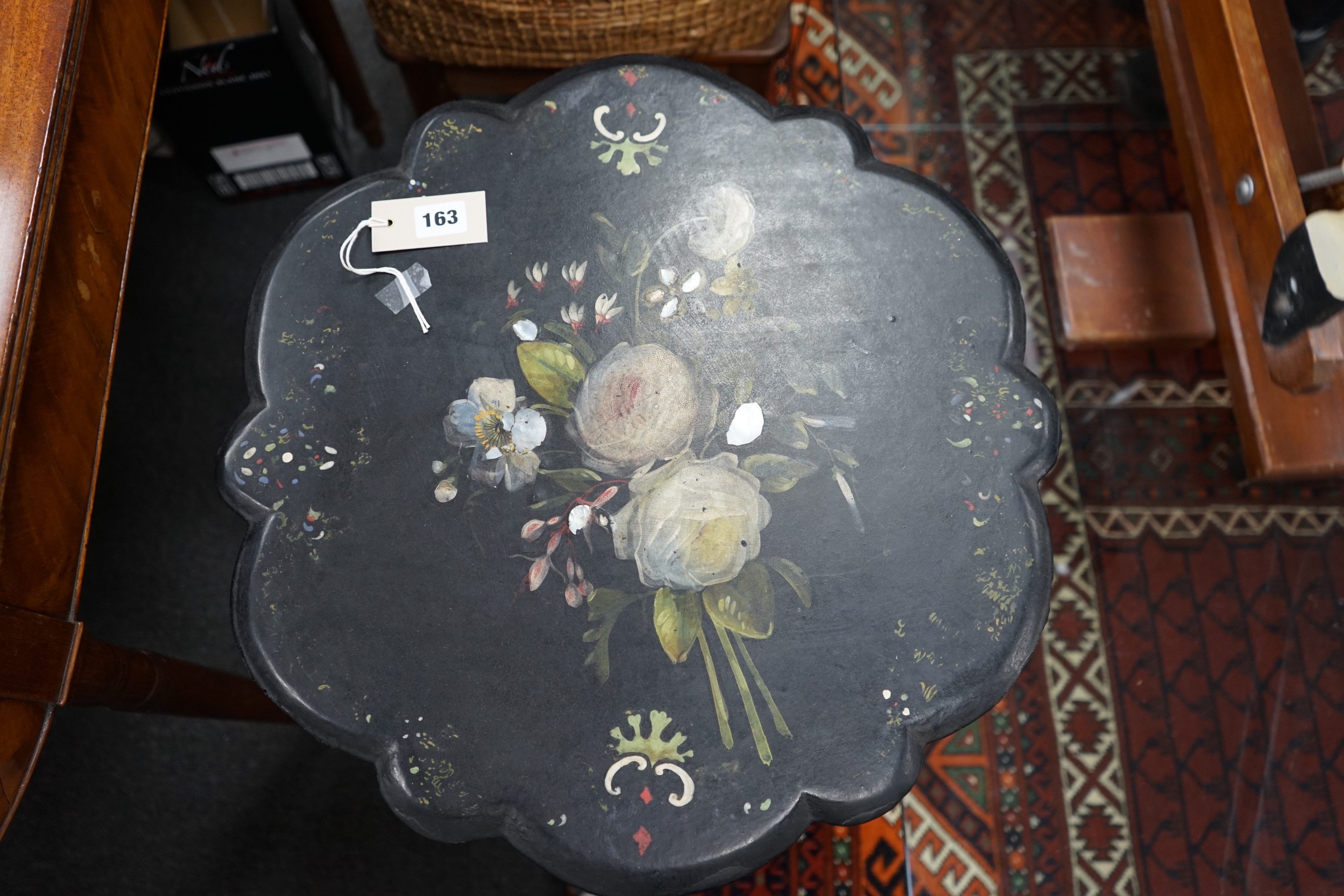 A Victorian painted mother of pearl inlaid papier mache tilt-top wine table, width 50cm depth 49cm height 66cm